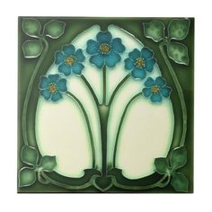 an art nouveau stained glass window with blue flowers