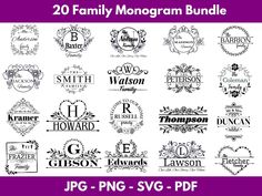 the 20 family monogram bundle is shown in black and white with different font styles