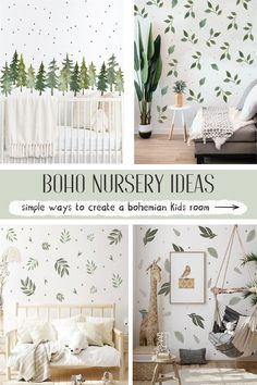 four photos of baby nursery rooms with trees on the wall