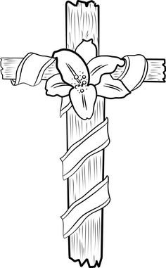 the crucifix with flowers and ribbons on it is outlined in black and white