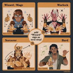 four different avatars from the wizard's guide to magic school, including two male and