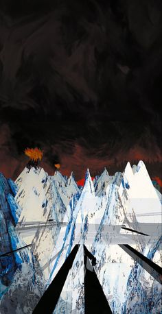 an abstract painting of mountains and clouds in red, white, blue and black colors