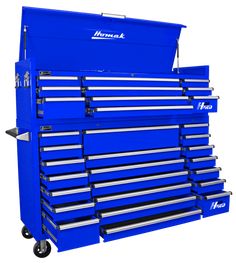 a blue tool cabinet with drawers and wheels