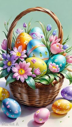 a basket filled with lots of colorful easter eggs