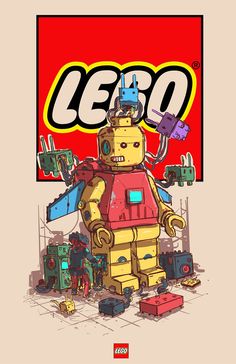 the lego character is surrounded by toys and other things in front of a red background