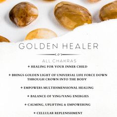 AAA+ Grade Golden Healer Tumbles ⚡️Lightning fast shipping & processing ℹ️ Information card included Healing Properties of Golden Healer: Golden healer has a distinctive Golden hue and natural inclusions of iron oxide in between and under the layers of crystal. Golden healer accesses the highest vibration of light that your body can receive and sustain, raising your frequency to dissolve and release blockages or foreign energies on a cellular level and restore natural balance and harmony. It enh Crystal Grimoire, Astrology 101, Personal Philosophy, Highest Vibration, Moon Spells, Bright Crystal, Crystal Properties, Golden Healer, Gemstone Properties