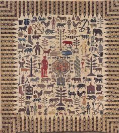 an old rug with animals and people on it