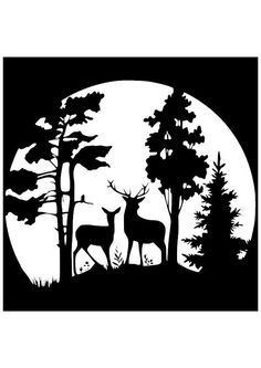 the silhouette of two deers in front of a full moon with trees and grass