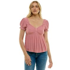 Infuse your wardrobe with a touch of texture and sweetness with the Derek Heart Juniors Lace Patch Crinkle Top. This charming top features a soft, crinkled fabric that adds a touch of dimension and effortless style. The relaxed silhouette drapes comfortably over your form, while the short sleeves keep you cool and comfortable on warm days. The standout feature of this top is the delicate lace patch detail on the front. In a contrasting color to the top itself, the lace patch adds a touch of femi Summer Feminine Textured Tops, Feminine Textured Summer Tops, Textured Feminine Summer Tops, Trendy Textured Tops For Spring, Chic Pink Rayon Tops, Trendy Spring Tops With Soft Texture, Casual Solid Tops With Crinkle Texture, Soft Texture V-neck Tops For Spring, Fitted Crinkle Texture Tops For Spring