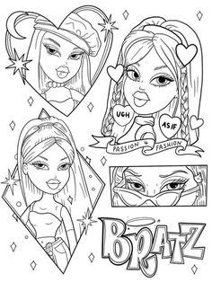 bratz coloring pages for girls with different faces and hair styles, including the name bratz