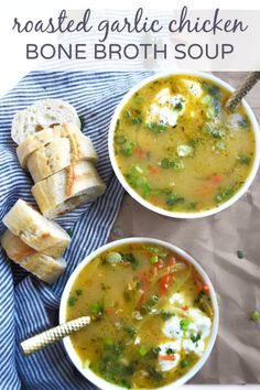 two bowls of roasted garlic chicken bone broth soup on a blue and white towel