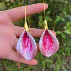 Women’s Flower Long Drop Earrings Cherry Earrings, Real Flower Jewelry, Pink Petals, Long Drop Earrings, Big Flowers, Gold Earring, Flower Earrings Studs, Girly Jewelry, Earring Hooks