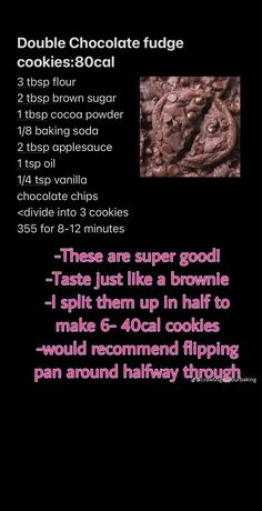 chocolate fudge cookies recipe on a black background with pink and purple text overlay