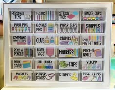 a display case filled with lots of different types of stickers on it's sides