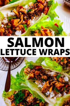 Asian Salmon Lettuce Wraps Romain Lettuce Wraps, Things To Do With Romaine Lettuce, Crab Lettuce Wraps, Lettuce Wrap Salad, Pescatarian Wraps, Romain Lettuce Recipes, Fish Lettuce Wraps, Lettus Wraps Recipes, Lettuce Sandwich Wraps