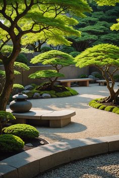 a garden with rocks and trees in it