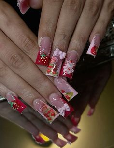 Strawberry Shortcake Acrylic Nails, Red Nail Designs Short Nails, Strawberry Shortcake Nails Designs, Kalogeras Sisters Nails, Strawberry Shortcake Nails Acrylic, Acrylic Nail Designs Birthday, Christmas Duck Nails, Crazy Nails Designs, Strawberry Nails Acrylic