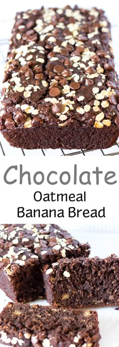 chocolate oatmeal banana bread is cut into squares and stacked on top of each other