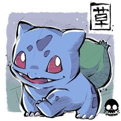 a drawing of a blue pokemon sitting next to a skull