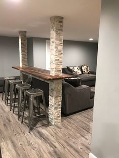 a living room filled with furniture and a bar