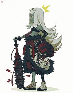 a drawing of a woman with long white hair holding a bike and wearing an armor