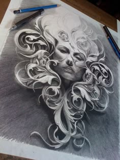 a pencil drawing of a woman's face with curls on her hair and eyes closed