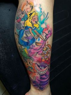 a person with a tattoo on their leg and some other characters behind them, all in different colors