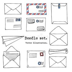 hand drawn doodle set with envelopes and mail stamps royalty free stock images for