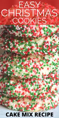 christmas cookies stacked on top of each other with sprinkles in the middle