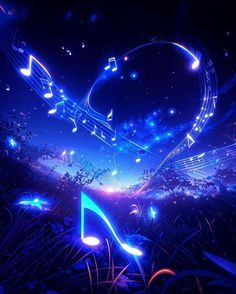 an abstract music background with musical notes and stars in the night sky, like a heart