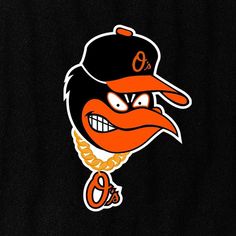 the baltimore orioles logo is shown on a black background with an orange bird wearing a baseball cap