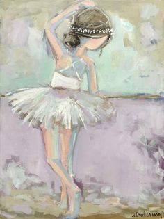 a painting of a ballerina girl in white tutu and tiara with her arms behind her head