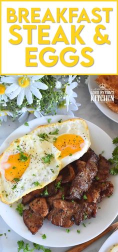 breakfast steak and eggs on a white plate with daisies in the background, text overlay