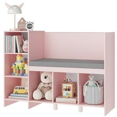 a pink shelf with stuffed animals, books and toys on it's sides in front of a white background