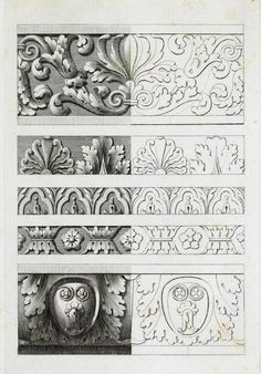 four different types of decorative designs in black and white, each with an ornate design