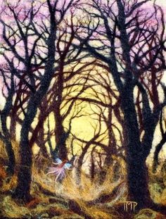 an image of a painting of trees in the woods with purple and yellow colors on them