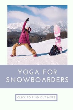 a woman doing yoga on top of a snow covered slope with mountains in the background