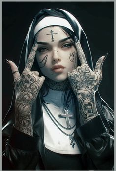 a woman with tattoos holding her hands up to her face