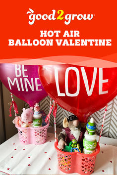 balloons in baskets with the words balloon valentine written on them, and an image of a heart shaped balloon