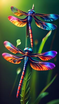 two colorful dragonflies sitting on top of a green plant