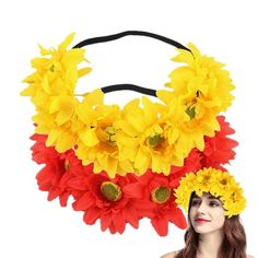 Material: Elastic Shape: Sunflower Color: Rainbow/Red+Yellow/White+Orange/Dark Green+Purple Red Quantity: 2Pack Package Contents: 2Packx Hair Accessory 1.Materials: headband, sun flowers. 2.Elastic band fits most heads, Baby Toddler Adult Crown. 3.This Flower Crown is for Birthday Party ,Family Photo, weddings,bath,shower,summer,fall,spring,winter. 4.Suitable for Most People: the multicolor flower hair wreath is elastic, so you don't have to worry about the size, suitable for girls, women, child Flower Headband Hippie, Baby Crown Headband, Sunflower Crown, Blue Flower Headband, Flower Girl Headpiece, Sunflower Headband, Flower Wreath Hair, Boho Crown, Daisy Headband