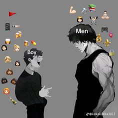 two men standing next to each other with different emoticions on them