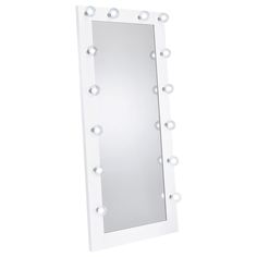 a white lighted mirror with bulbs on it