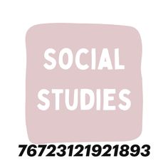 the words social studies are in white and black letters on a light pink square background