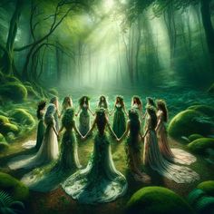 a group of women standing in the middle of a forest