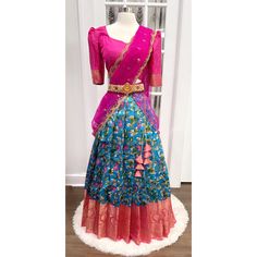 Beautiful kalamkari half saree with Pattu border. Pink and blue combo. Fits size 40 to 44 Kalamkari Half Saree, Lehenga Gown, Ready To Wear Saree, Hand Work Blouse, Chaniya Choli, Half Saree, Long Gown, Work Blouse, Lehenga