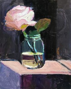 a painting of a pink rose in a glass jar