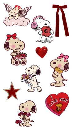 snoopy stickers with hearts, stars and other things in them on a white background