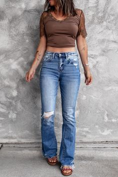 2021 Fall New Women's High Waist Ripped Bootcut Jeans Fashion Elastic Slim Denim Flared Pants Moustaches, Slim Denim, Women Street, Boot Cut Denim, Denim Flares, Slim Jeans, Modern Fashion, High Waisted Denim, High Jeans