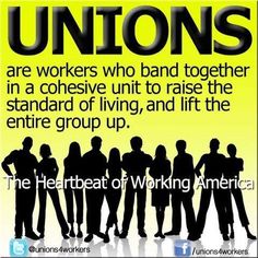 a group of people standing next to each other in front of a yellow background with the words unions